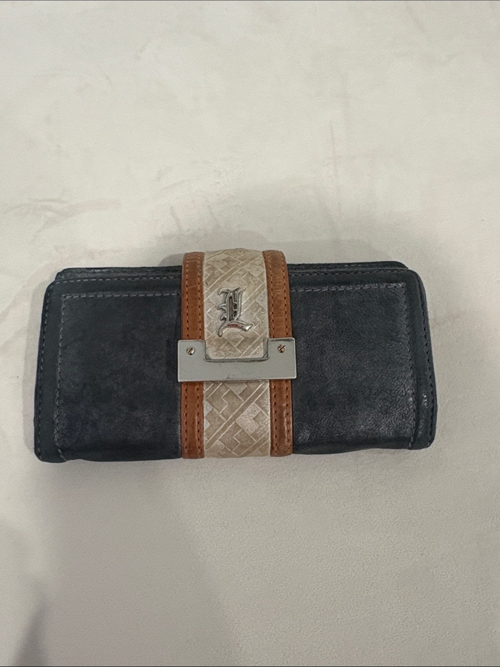 L.A.M.B. Gwen Stefani Grey Wallet with Brown and Cream Accent Strap